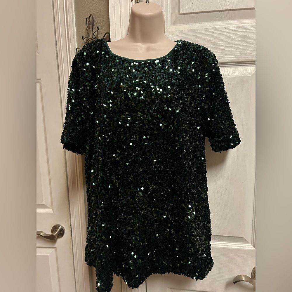 JODIFL Dark Green Women’s Full Sequin Top Blouse Christmas Holiday Festive Party